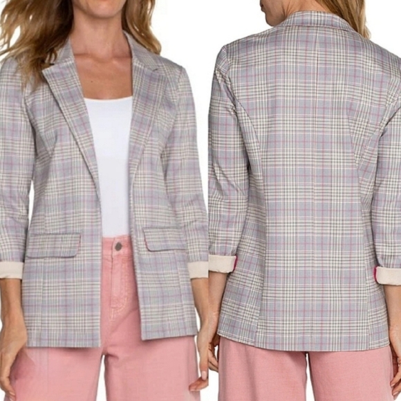 Liverpool Jackets & Blazers - LIVERPOOL Los Angeles Gray White Glen Plaid Knit Open Front Boyfriend Blazer M